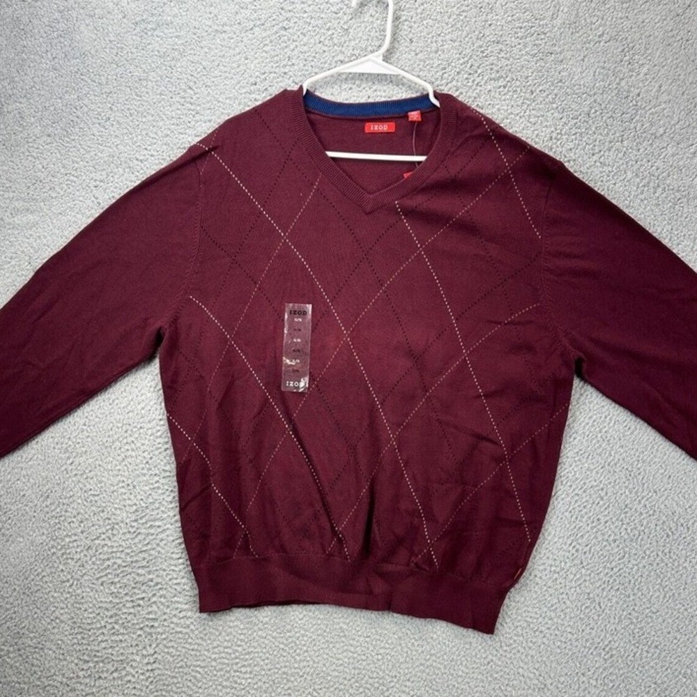 Izod Sweater Mens XL Fine Gauge Maroon Argyle Long‎ Sleeve V-Neck Pullover NEW